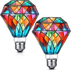 2 Pcs Stained Glass LED Light Bulb Diamond Shape E26 Base A60 6 Watts G95 Shape Colorful Flickering Light Bulbs for Christmas
