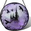 Stained Glass Window Hanging - Halloween Gothic Castle Purple Smoke Suncatcher for Doors Garden Home Spooky Crow Sun Catchers Gothic Decor Horror Gift