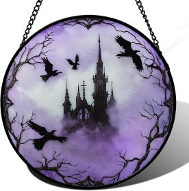 Stained Glass Window Hanging - Halloween Gothic Castle Purple Smoke Suncatcher for Doors Garden Home Spooky Crow Sun Catchers Gothic Decor Horror Gift