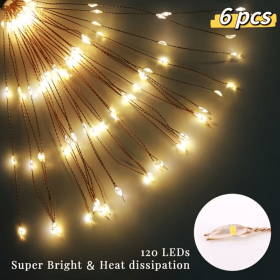 Warm white 6-pack 120 LED 8-mode solar fireworks light, outdoor garden waterproof fireworks light, used for sidewalk, backyard lawn landscape