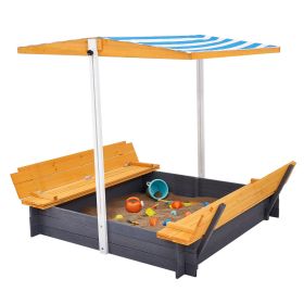 Wooden Sandbox with Canopy, 57.3 x 47.2 x 47.2 in Sand Box, Sand Pit with Foldable Bench Seats and Bottom Liner