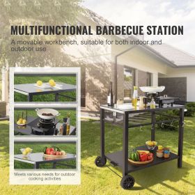 Outdoor Grill Dining Cart with Double-Shelf, BBQ Movable Food Prep Table, Multifunctional Iron Table Top, Portable Modular Carts for Pizza Oven