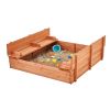 Wooden Sandbox, 52.4 x 47.2 x 16.9 in Sand Box, Sand Pit with Foldable Bench Seats and Bottom Liner, Natural Wood Kids Sandbox for Outdoor Backyard