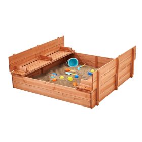 Wooden Sandbox, 52.4 x 47.2 x 16.9 in Sand Box, Sand Pit with Foldable Bench Seats and Bottom Liner, Natural Wood Kids Sandbox for Outdoor Backyard