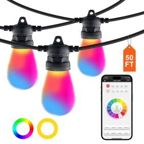 RGB Outdoor String Lights, 50FT, Outside Patio Lights with APP Control 15 Bulbs, 15 Single-Color Adjustable Brightness Time Setting