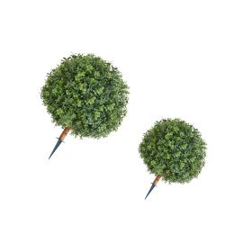 Artificial Topiary Boxwood Trees with Ground Spike, 22 inch 2 Set Faux Shrubs & Bushes Potted Plants