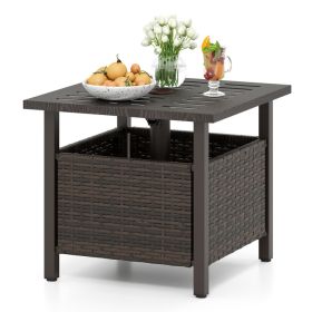 Outdoor Side Table All-Weather PE Wicker Patio Table with Umbrella Hole