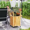 Outdoor Grill Cart w/ Stainless Steel Top, Solid Wood Outdoor Kitchen Island w/ Wheels, Integrated Hole, Natural Wood