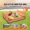Wooden Sandbox, 52.4 x 47.2 x 16.9 in Sand Box, Sand Pit with Foldable Bench Seats and Bottom Liner, Natural Wood Kids Sandbox for Outdoor Backyard