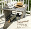 2 Tier Rattan Wicker Outdoor Side Table with Umbrella Hole All Weather Mixed Gray Patio Garden Backyard End Table with Storage Shelf