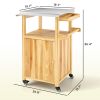 Outdoor Grill Cart w/ Stainless Steel Top, Solid Wood Outdoor Kitchen Island w/ Wheels, Integrated Hole, Natural Wood