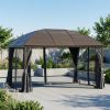 Grey 10'X 13' Hard Top Pavilion with Curtains and Grid Steel Roof Ceiling Courtyard Outdoor Entertainment Area