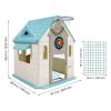 Outdoor Playhouse, 5-In-1 Cottage Play House with Pretend Play, Basketball, Darts, Soccer, Ring Toss, Window & Convenient Door