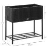 Elevated Metal Garden Bed with Rattan Look and Tool Storage, Modern Design, Black