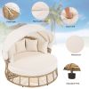Outdoor Patio Rattan Round Daybed with Retractable Canopy, Wicker Furniture Round Poolside Sofa Sunbed with Removable Cushions