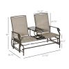 2-Person Outdoor Glider Bench with Center Table, Patio Rocking Chair Swing Loveseat with Breathable Mesh for Backyard Garden Porch, Brown
