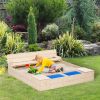 Kids Wooden Sandbox with Convertible Bench Seat, 2 Side Buckets, Waterproof Cover, and Storage Space