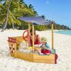 Pirate Ship Sandbox for Kids | Wooden Outdoor Sandboat with Storage Bench and Sun Canopy | Orange | Perfect for Ages 3-8