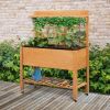 Garden Raised Bed with Shelf Wheels Wooden Planter Box for Vegetables Flowers Brown