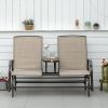 Outdoor Glider Bench with Center Table, Metal Frame Patio Loveseat with Breathable Mesh Fabric and Armrests for Backyard Garden Porch, Brown