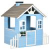 Outdoor Wooden Kids Playhouse, Fir Wood Pretend Play Cottage with Fence Hedges Service Station and Flowerpot Holders
