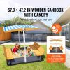 Wooden Sandbox with Canopy, 57.3 x 47.2 x 47.2 in Sand Box, Sand Pit with Foldable Bench Seats and Bottom Liner