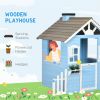 Outdoor Wooden Kids Playhouse, Fir Wood Pretend Play Cottage with Fence Hedges Service Station and Flowerpot Holders
