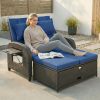 Patio Rattan Daybed, Wicker Outdoor Daybed with Storage Ottoman, Loveseat w/ Adjustable Backrest, Side Tables, Navy Blue