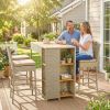 5 Piece Wicker Outdoor Bar Set, Acacia Wood Outdoor High Top Table and Chairs with 3 Tier Shelves, Cushions, Brown