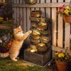 28" Outdoor Fountain with 5-Tier Rustic Jugs, Cascading Waterfall with LED Lights, Adjustable Flow, Rustic Brown