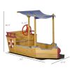 Pirate Ship Sandbox for Kids | Wooden Outdoor Sandboat with Storage Bench and Sun Canopy | Orange | Perfect for Ages 3-8