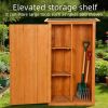 Outdoor storage shed - A wooden tool shed with a flat roof and waterproof garden storage cabinet, featuring a lockable door
