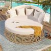 Outdoor Patio Rattan Round Daybed with Retractable Canopy, Wicker Furniture Round Poolside Sofa Sunbed with Removable Cushions
