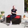 Outdoor Wicker Storage Bench with Storage & Cushion, Red