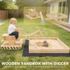 Wooden Sandbox with Digger, Kids Sandbox with 360Ã‚Â° Rotating Seat & Bottom Liner, 72" x 35" x 22"