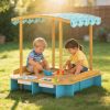 Wooden Sandbox with Dinosaur Print Canopy Kids Sandbox Outdoor with Bench Seats & 2 Storage Bins