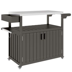 Outdoor Bar Cart with Storage, Stainless Steel Outdoor Bar Table Top, Wheeled HDPE Kitchen Island for Food Prep (Color: Gray)