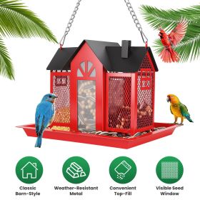 Metal Hanging Bird Feeder House Classic Barn Bird Feeder House Iron Hanging Outdoor Feeder with Visible Window and Lift Top Lid 15.75in Hanging Length (Color: Red)