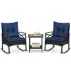 3 Pieces Outdoor Rattan Rocking Chairs Set with  2-Tier Side Table for Garden Backyard
