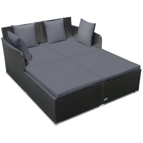 Spacious Outdoor Rattan Daybed with Upholstered Cushions and Pillows (Color: Gray)