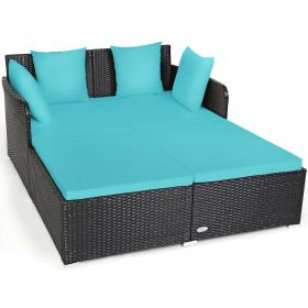 Spacious Outdoor Rattan Daybed with Upholstered Cushions and Pillows (Color: Turquoise)