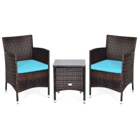 3 Pieces Ergonomic Wicker Patio Conversation Set (Color: Blue)