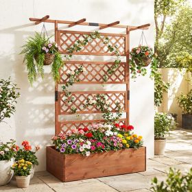 Wooden Planter Box with Lattice Trellis Raised Garden Bed Privacy Screen with Flat Roof (Color: Brown)