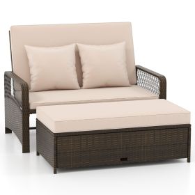 Patio Adjustable Wicker Daybed with 4-Level Backrest and Soft Cushions (Color: Beige)