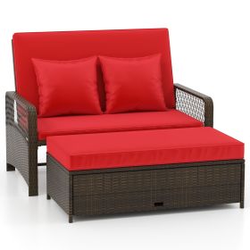 Patio Adjustable Wicker Daybed with 4-Level Backrest and Soft Cushions (Color: Red)