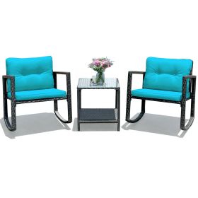 3 Pieces Cushioned Patio Rattan Set with Rocking Chair and Table (Color: Blue)