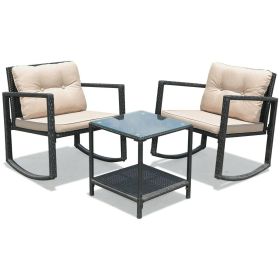 3 Pieces Cushioned Patio Rattan Set with Rocking Chair and Table (Color: Beige)