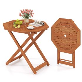 Octagon Folding Patio Table with 2 Inches Umbrella Hole (Color: Brown)