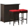3 Pieces Outdoor Rattan Wicker Bar Set with 2 Cushions Stools
