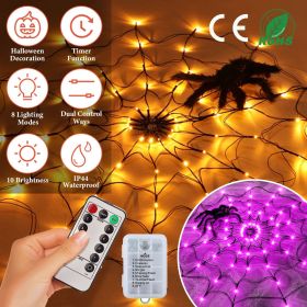 1Pc 3.28FT Spider Web Light with Hairy Spider 70LED Battery Powered Remote Control 8 Lighting Modes Glowing Outdoor Indoor Wall Halloween Decoration (Light Color: Warm Light)